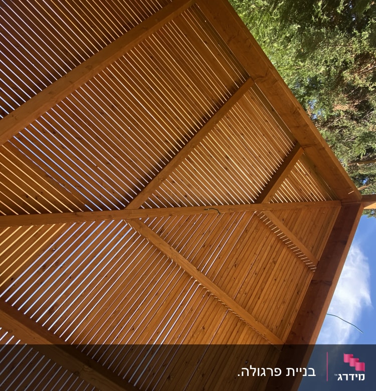 גג עץ עם קורות עץ וחריצים לאור השמש